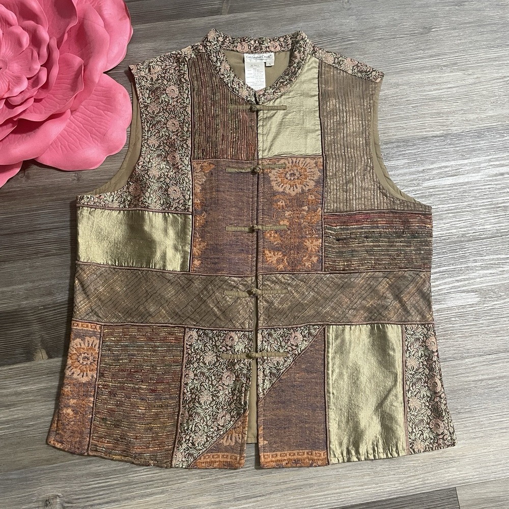 COLDWATER CREEK Sz L Silk Blend Brocade Floral Patchwork Vest Button Front